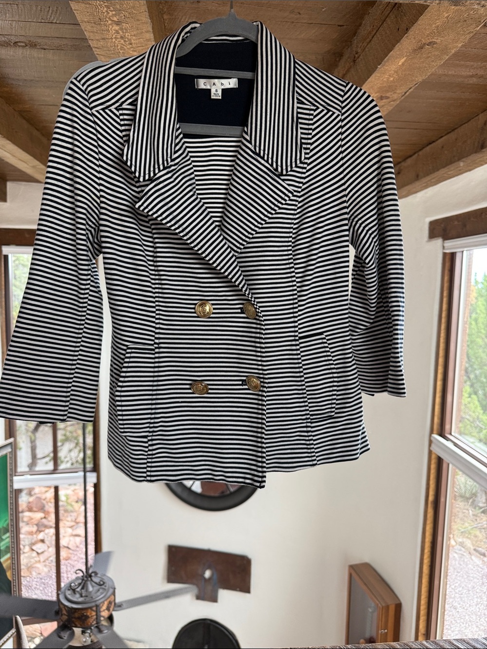 CAbi Black and White Striped Double-Breasted Button-Down Top